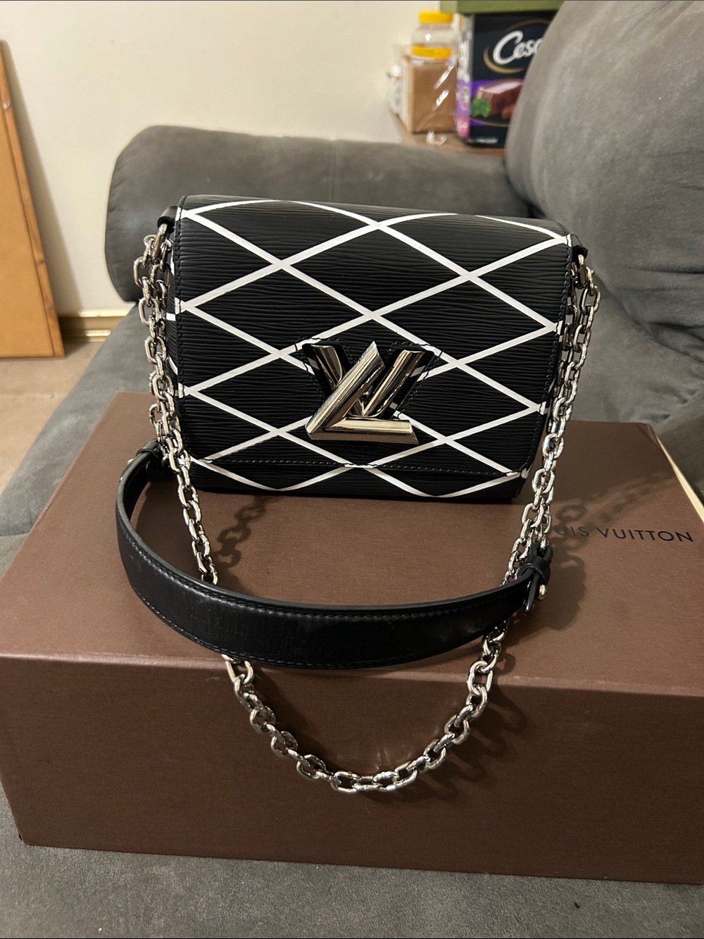 Louis Vuitton Black with White Geometric Epi Twist Chain Crossbody